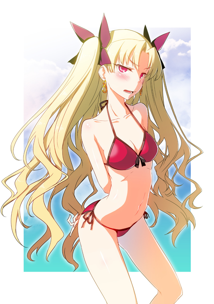arms_behind_back bangs bikini blonde_hair blush breasts commentary_request cosplay earrings ereshkigal_(fate/grand_order) fate/grand_order fate_(series) highres hitotose_rin jewelry looking_at_viewer medium_breasts mordred_(fate)_(all) mordred_(swimsuit_rider)_(fate) mordred_(swimsuit_rider)_(fate)_(cosplay) parted_bangs red_bikini red_ribbon ribbon solo string_bikini swimsuit two_side_up