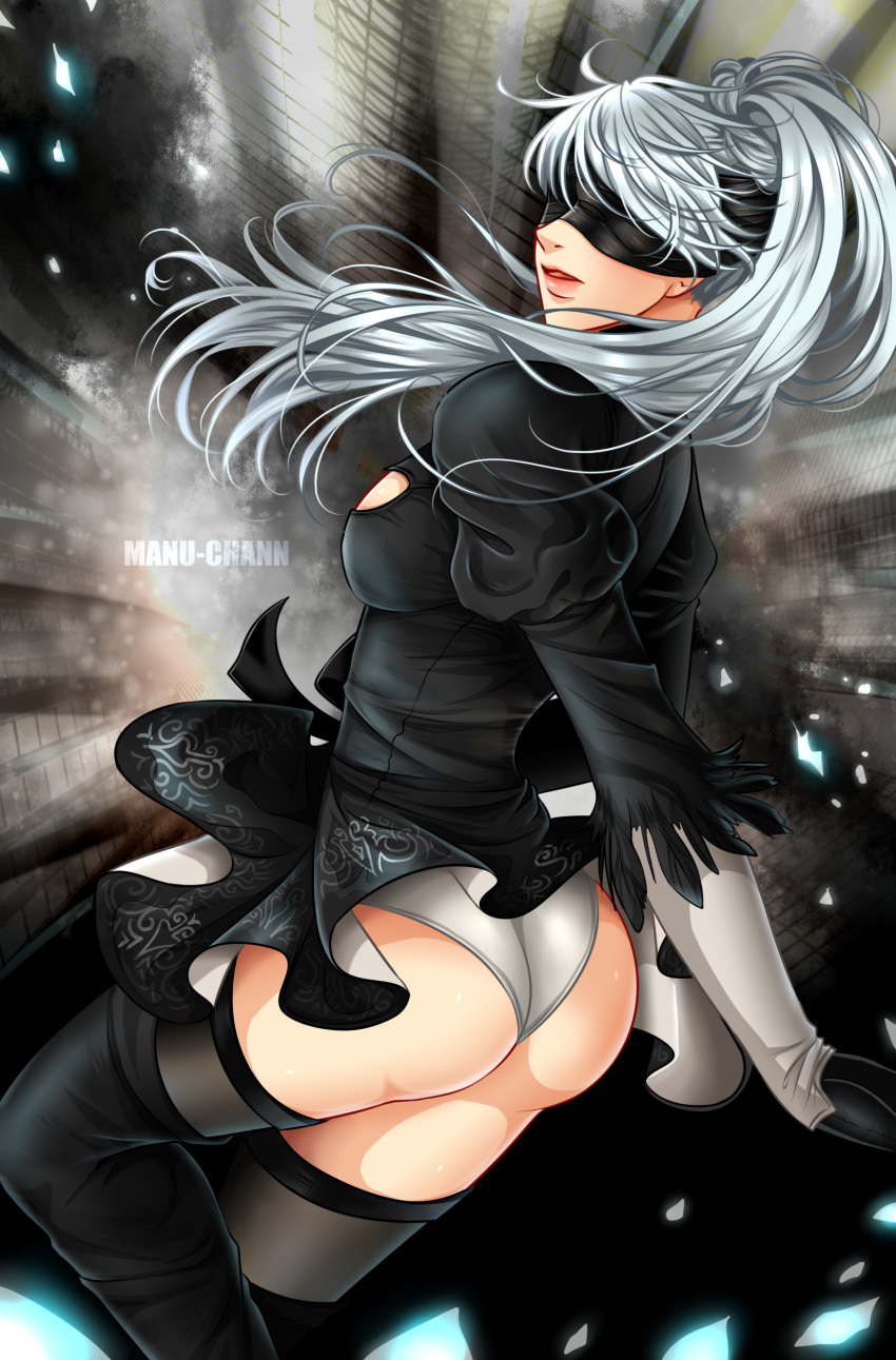 1girl ass black_dress blindfold breasts cosplay dress gloves long_hair manu-chann nier_(series) nier_automata open_mouth panties ponytail rwby shiny shiny_clothes shiny_hair shiny_skin sideboob silver_hair skirt solo thighhighs weiss_schnee yorha_no._2_type_b yorha_no._2_type_b_(cosplay)