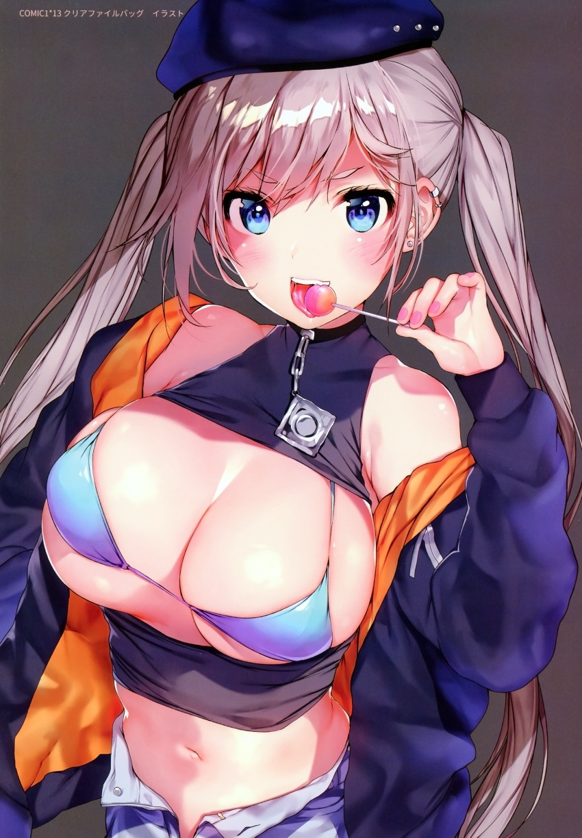 absurdres bangs bare_shoulders beret bikini_top black_jacket blue_bikini_top blue_eyes blush breasts brown_hair candy cleavage clothes_pull crop_top ear_piercing earrings eating food grey_background hand_up hat highres holding holding_food huge_filesize jacket jewelry licking lollipop long_hair long_sleeves looking_at_viewer matarou_(genkai_toppa) micro_bikini_top nail_polish navel off_shoulder open_clothes open_fly open_jacket open_mouth original piercing scan shiny shiny_skin shirt_lift simple_background solo stomach stud_earrings swimsuit tongue tongue_out twintails unbuttoned upper_body upper_teeth v-shaped_eyebrows very_long_hair