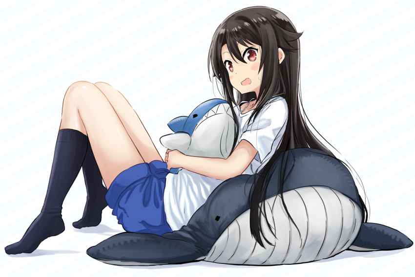 abe_kanari alternate_costume alternate_hairstyle black_hair black_legwear blue_shorts hair_down high_school_fleet kneehighs long_hair munetani_mashiro red_eyes shark shirt shorts simple_background solo stuffed_animal stuffed_toy whale white_background white_shirt