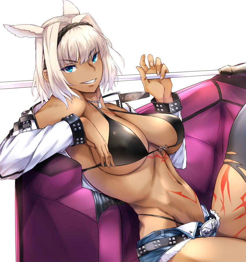 animal_ears bangs belt bikini bikini_bottom bikini_top bikini_under_clothes black_bikini_top blue_eyes bra breasts caenis_(fate) cleavage commentary_request couch dark_skin denim denim_shorts eyebrows_visible_through_hair fate/grand_order fate_(series) grin hair_intakes hairband highleg highleg_bikini highleg_swimsuit highres jacket jewelry large_breasts long_hair looking_at_viewer nail_polish navel necklace polearm reclining shimeno_puni shorts simple_background smile solo studded_belt studded_jacket swimsuit tattoo thighhighs thong torn_clothes torn_legwear underwear weapon white_background white_hair white_jacket white_nails