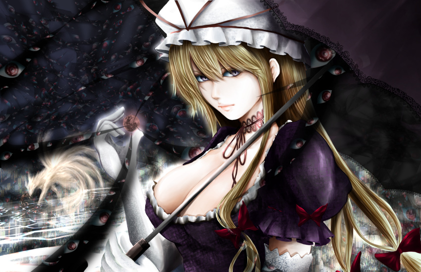 amaseu_(be_bunny) bangs blonde_hair breasts choker cityscape cleavage commentary_request dress elbow_gloves expressionless eyeball gap gloves hair_between_eyes hat hat_ribbon highres holding holding_umbrella kitsune kubrick_stare lace lace_choker large_breasts lips long_hair looking_at_viewer low-tied_long_hair mob_cap moon purple_dress purple_eyes ribbon solo touhou umbrella upper_body white_gloves yakumo_ran yakumo_ran_(fox) yakumo_yukari