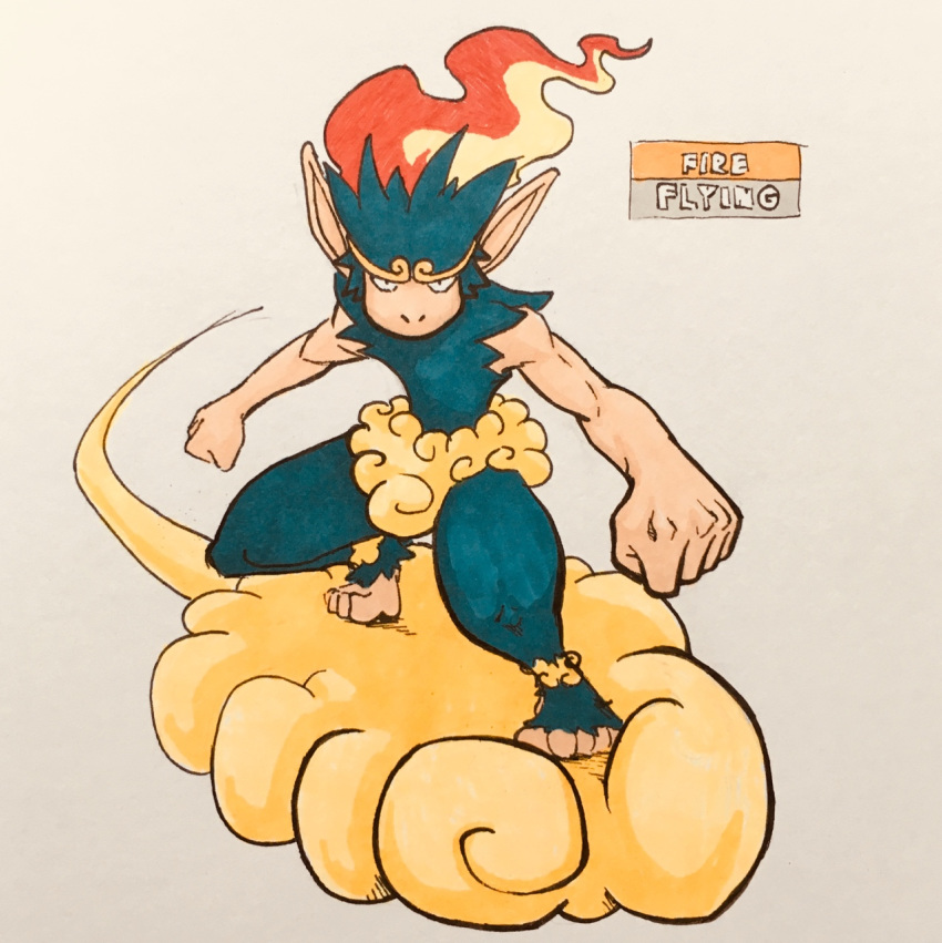 2018 4_toes 5_fingers alternate_color ambiguous_gender anthro athletic biped black_eyes blue_fur cheek_tuft chinese_mythology circlet cloud crossover crotch_tuft english_text fak&eacute;mon feet fire firefightdex fist flaming_hair fluffy flying_nimbus foreshortening front_view full-length_portrait fur hair hatching_(technique) head_tuft hi_res humanoid_feet humanoid_hands infernape leg_tuft looking_at_viewer mammal marker_(artwork) mfanjul mixed_media monkey_king mostly_nude multicolored_fur mythology nintendo pen_(artwork) plantigrade pok&eacute;mon pok&eacute;mon_(species) portrait primate pseudo_clothing raised_heel riding shadow shoulder_tuft simple_background small_pupils solo spread_arms spread_legs spreading standing sun_wukong tan_skin text toes toony traditional_media_(artwork) tuft two_tone_fur video_games white_background wide_stance yellow_fur