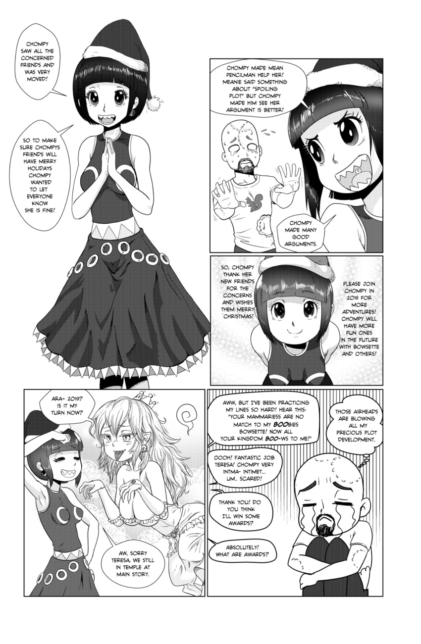 bald bite_mark black_dress black_hair bowl_cut christmas comic dress highres mario_(series) nintendo pencils_(artist) princess_chain_chomp princess_king_boo super_crown white_dress