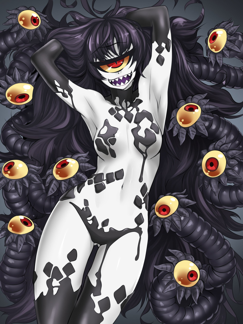 :d absurdres armpits arms_behind_head asha ass_visible_through_thighs black_hair breasts commentary_request commission contrapposto cyclops extra_eyes eyebrows_visible_through_hair gazer_(monster_girl_encyclopedia) hands_up highres long_hair looking_at_viewer medium_breasts monster_girl monster_girl_encyclopedia navel nude one-eyed open_mouth red_eyes sharp_teeth slime slit_pupils smile solo standing tail teeth tentacles thigh_gap white_skin yellow_sclera