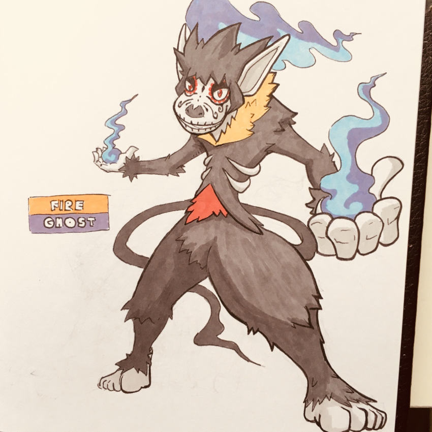 2018 5_fingers 5_toes alternate_color ambiguous_gender anthro arm_tuft athletic biped black_fur black_nose black_tail blue_fire crotch_tuft english_text eyeshadow face_paint fak&eacute;mon feet fire fire_magic firefightdex flaming_hair fluffy foreshortening front_view full-length_portrait fur hair hatching_(technique) head_tuft hi_res humanoid_feet humanoid_hands infernape leg_tuft long_tail looking_at_viewer magic_user makeup mammal marker_(artwork) mfanjul mixed_media multicolored_fur neck_tuft nintendo nude pen_(artwork) plantigrade pok&eacute;mon pok&eacute;mon_(species) portrait primate pseudo_clothing red_eyes red_fur ribcage shadow simple_background skull_face_paint smile smirk smug solo spread_legs spreading standing sugar_skull text toes toony traditional_media_(artwork) tuft undead video_games white_background white_skin wide_stance will-o-wisp yellow_fur