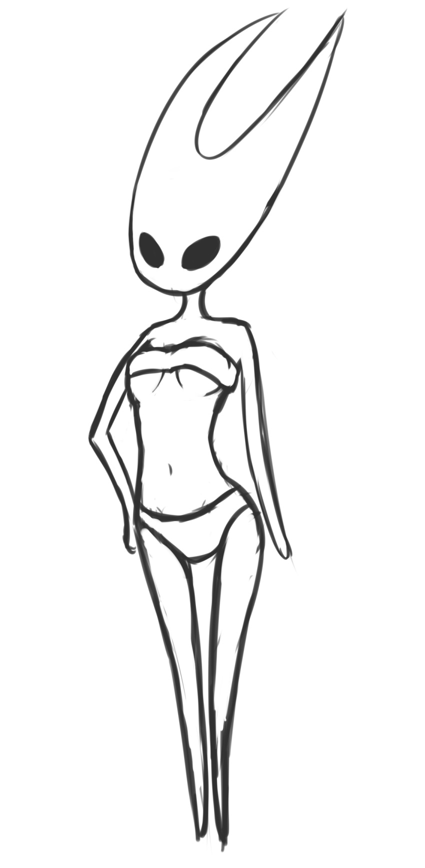 bra breasts clothed clothing empty_eyes female hi_res hollow_knight hollow_knight_(species) horn hornet_(hollow_knight) humanoid kdd monochrome navel not_furry panties simple_background solo underwear white_background