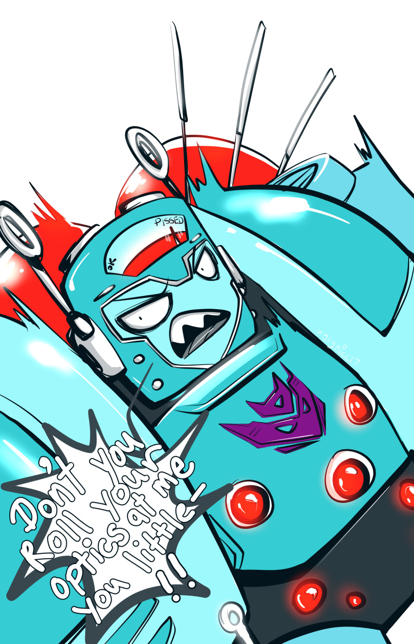 alien angry annoyed blue_body cybertronian decepticon dialogue digital_media_(artwork) english_text fangs female hi_res humanoid looking_at_viewer machine nickel_(transformer) not_furry open_mouth robot simple_background solo standing teeth text transformers uglynicc
