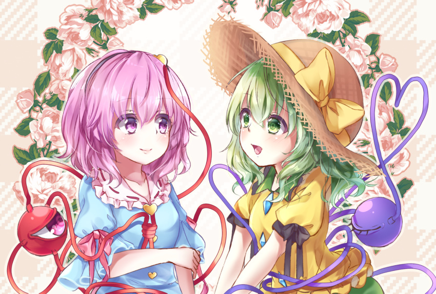 adapted_costume black_hairband black_ribbon blue_shirt bow brown_hat commentary_request eye_contact eyebrows_visible_through_hair flower frilled_shirt_collar frills green_eyes green_hair hair_between_eyes hair_ornament hairband hat hat_bow heart heart_hair_ornament heart_of_string komeiji_koishi komeiji_satori looking_at_another multiple_girls open_mouth pink_eyes pink_hair pink_ribbon puffy_short_sleeves puffy_sleeves ribbon shirt short_hair short_sleeves siblings sisters smile sun_hat third_eye touhou upper_body white_flower yellow_bow yellow_shirt yuria_(kittyluv)