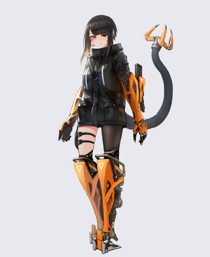 amputee black_hair commentary_request cyberpunk cyborg earrings eyepatch highres holster jewelry kasagarasu mechanical_arm mechanical_legs mechanical_tail orange_eyes original pantyhose prosthesis science_fiction short_hair_with_long_locks single_thighhigh solo sumi_elias tail thigh_holster thighhighs