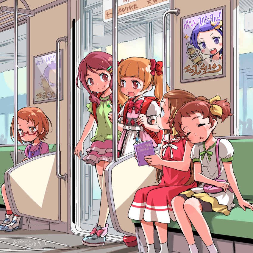 aisaki_emiru backpack bag bike_shorts blush bottle bow bowtie brown_eyes brown_hair commentary dated dokidoki!_precure dress forehead frilled_skirt frilled_sleeves frills glasses green_shirt hair_bow handbag head_on_another's_shoulder head_tilt highres holding holding_bottle hugtto!_precure isedaichi_ken kenzaki_makoto leaning_on_person long_hair looking_at_another madoka_aguri miniskirt morimoto_eru multiple_girls nono_kotori orange_hair overalls pink_skirt poster_(object) precure purple_hair randoseru reading red-framed_eyewear red_bow red_dress red_eyes red_hair red_neckwear seat shirabe_ako shirt shoe_bow shoes short_hair short_sleeves side-by-side signature sitting skirt sleeping sleeping_on_person sleeping_upright sleeveless suite_precure tablet_pc thick_eyebrows thighhighs train_interior twintails white_legwear white_shirt yellow_skirt zettai_ryouiki