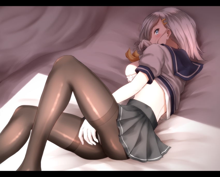 black_legwear blue_eyes blush bra breasts commentary_request gloves grey_skirt hair_ornament hair_over_one_eye hairclip hamakaze_(kantai_collection) highres indoors kantai_collection large_breasts letterboxed looking_at_viewer lying neckerchief no_shoes nuka_(nvkka) on_side panties panties_under_pantyhose pantyhose pleated_skirt school_uniform serafuku shirt_pull short_hair short_sleeves silver_hair skirt solo thighband_pantyhose underwear white_gloves yellow_neckwear