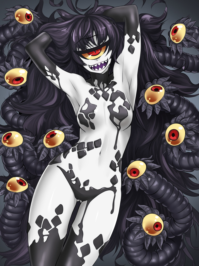 :d absurdres armpits arms_behind_head asha ass_visible_through_thighs black_hair breasts commentary commission contrapposto cyclops extra_eyes eyebrows_visible_through_hair gazer_(monster_girl_encyclopedia) hands_up highres long_hair looking_at_viewer medium_breasts monster_girl monster_girl_encyclopedia navel nude one-eyed open_mouth red_eyes sharp_teeth slime slit_pupils smile solo standing tail teeth tentacles thigh_gap white_skin yellow_sclera