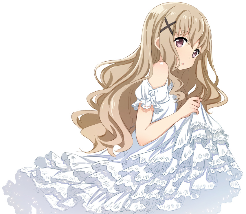 abe_kanari brown_hair cowboy_shot dress hair_ornament high_school_fleet lifted_by_self long_hair looking_at_viewer parted_lips purple_eyes simple_background skirt_hold solo uda_megumi white_background white_dress x_hair_ornament