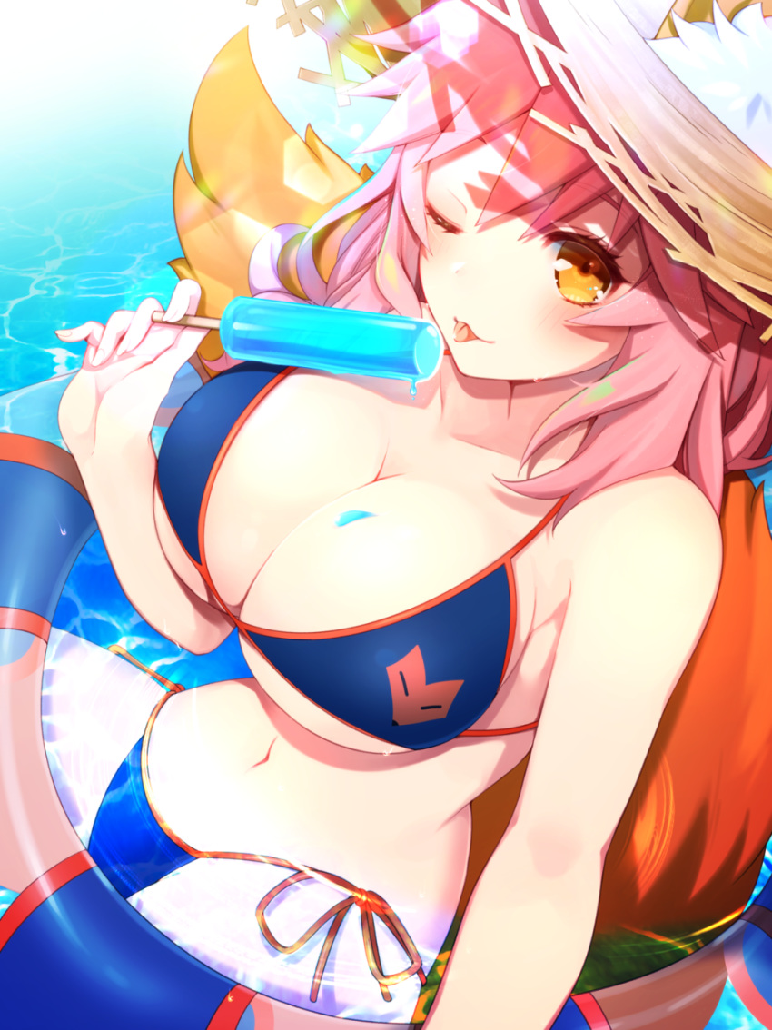 animal_ear_fluff animal_ears bikini blue_bikini blush breasts cleavage collarbone fate/grand_order fate_(series) fox_ears fox_tail hat highres innertube large_breasts looking_at_viewer looking_up navel one_eye_closed outdoors partially_submerged pink_hair ponita side-tie_bikini solo straw_hat swimsuit tail tamamo_(fate)_(all) tamamo_no_mae_(swimsuit_lancer)_(fate) yellow_eyes