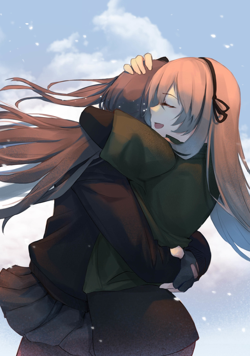 2girls absurdres brown_hair cloud commentary covered_face cowboy_shot crying english_commentary eyebrows eyebrows_visible_through_hair eyes_closed eyes_visible_through_hair fingerless_gloves fingernails flying_teardrops girls_frontline gloves grey_hair hairband head_hug highres hug ina_(inadiary) jacket long_hair multiple_girls pantyhose pleated_skirt simple_background skirt sky smile snow teardrop tears ump40_(girls_frontline) ump45_(girls_frontline)