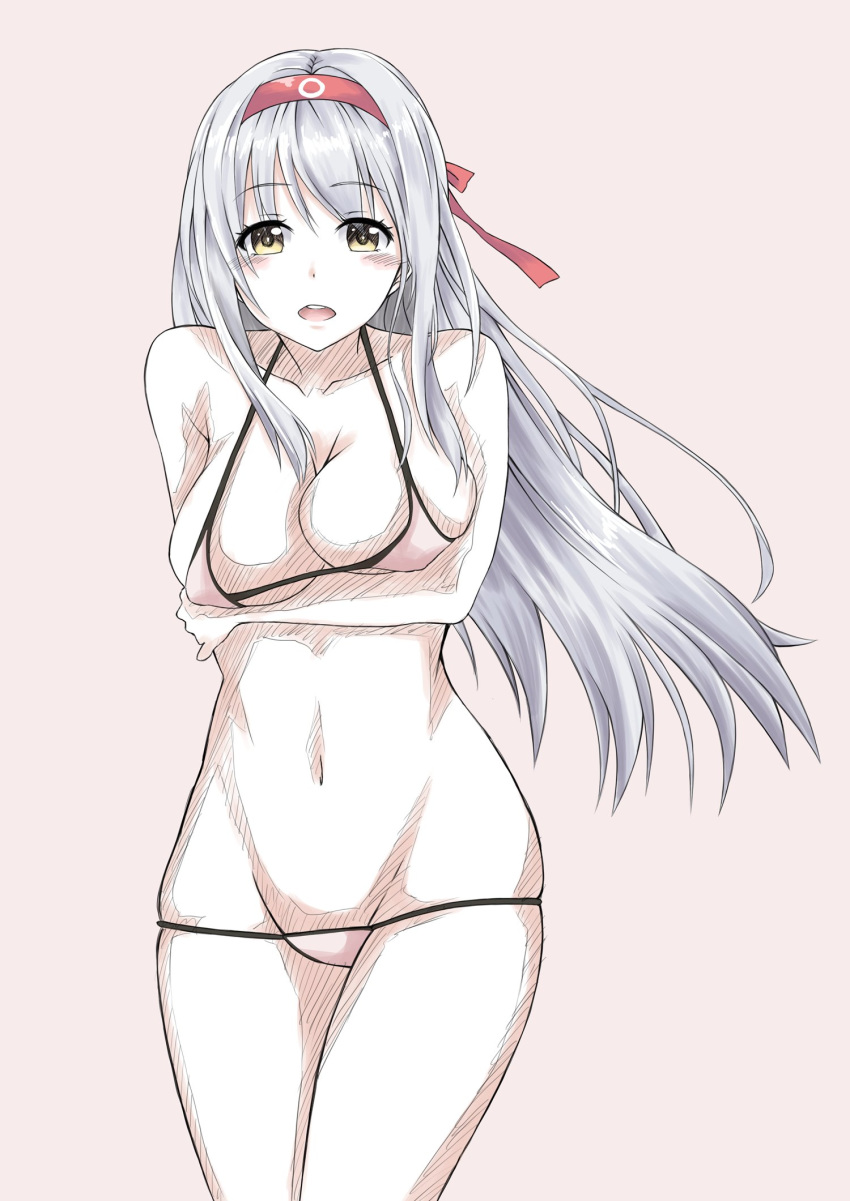 arm_under_breasts bare_shoulders bikini breasts cowboy_shot eyebrows_visible_through_hair hairband highres kantai_collection large_breasts long_hair looking_at_viewer midriff nakura_haru navel open_mouth red_hairband shoukaku_(kantai_collection) solo swimsuit white_hair
