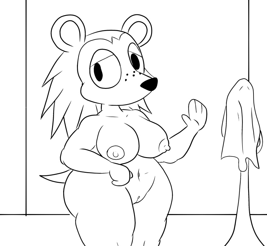 2018 animal_crossing black_and_white breasts female line_art monochrome nintendo nude pussy sable_able superiorfoxdafox video_games