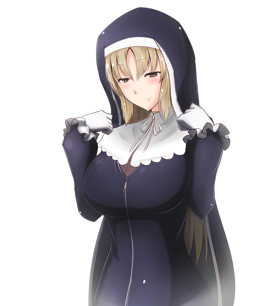 absurdres bangs blonde_hair blush breasts capelet cleavage eyebrows_visible_through_hair fujikusa gloves habit highres large_breasts long_hair looking_down nijisanji nun parted_bangs see-through simple_background sister_cleaire smile solo very_long_hair virtual_youtuber white_background white_capelet white_gloves yellow_eyes zipper zipper_pull_tab