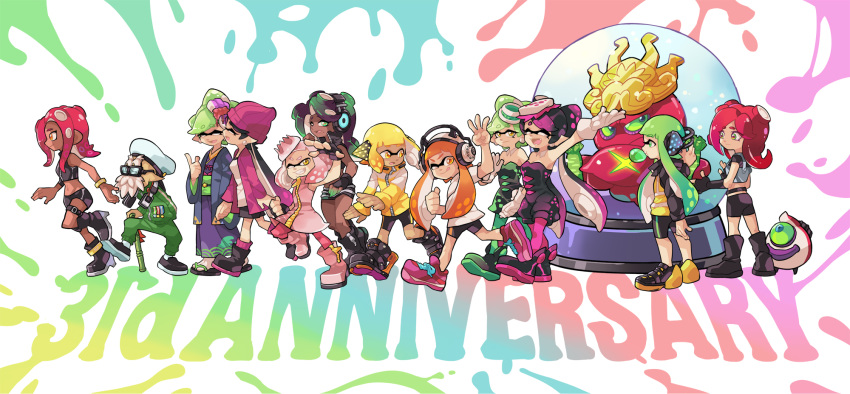 6+girls anniversary aori_(splatoon) beanie black_skirt commander_atarime commentary dark_skin dj_takowasa dual_persona hat headphones highres hime_(splatoon) hotaru_(splatoon) iida_(splatoon) inkling jacket japanese_clothes kimono midriff multiple_boys multiple_girls navel octarian octoball octoling red_hair skirt smile splatoon_(series) splatoon_1 splatoon_2 splatoon_2:_octo_expansion squidbeak_splatoon takozonesu tentacle_hair tentacles walking wong_ying_chee