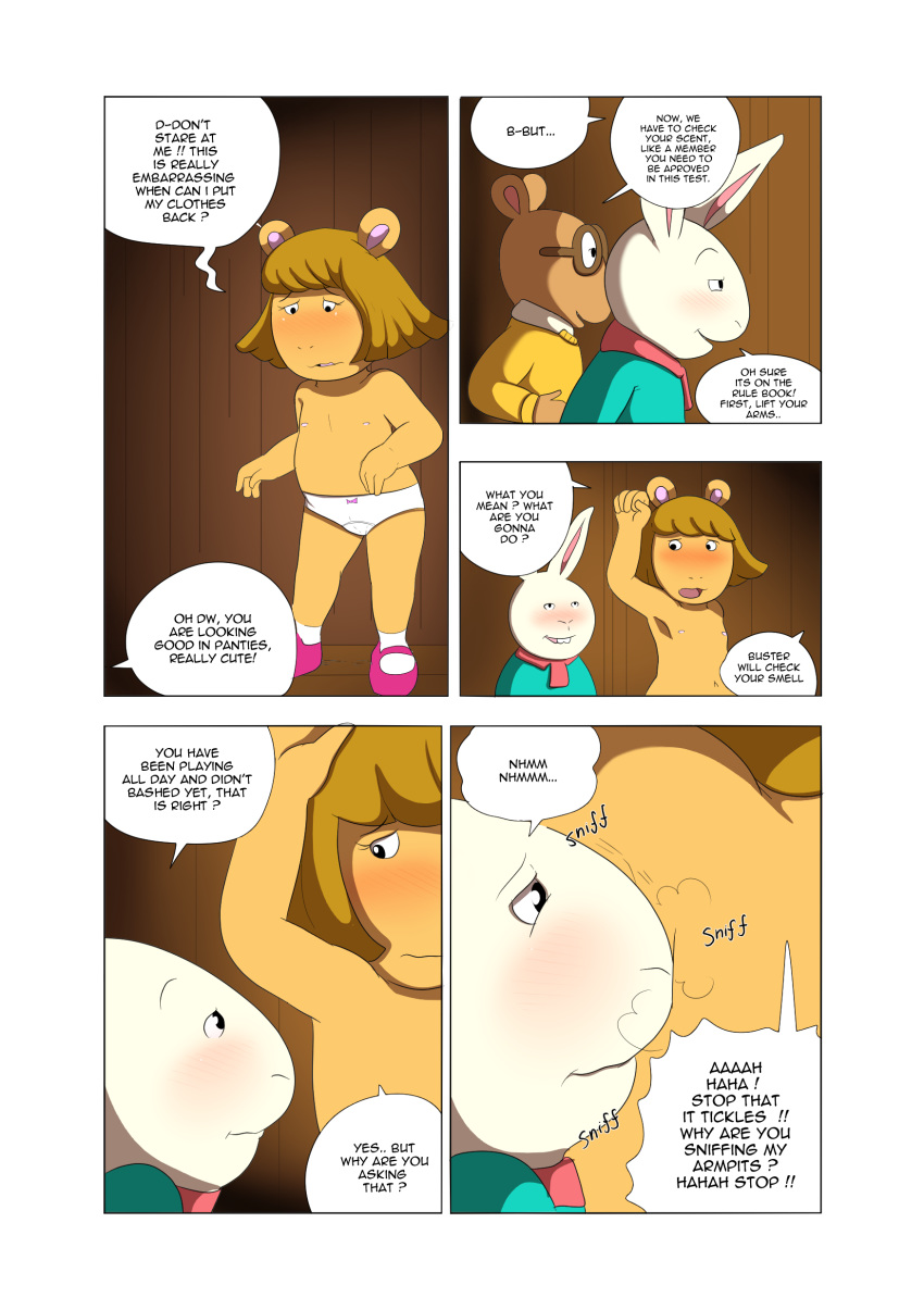 aardvark arthur_(series) arthur_reed blush buster_baxter clothed clothing comic cub d.w._reed female flat_chested hair lagomorph launny male mammal mostly_nude rabbit short_hair sniffing text topless underwear young