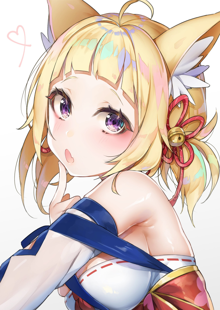 absurdres ahoge animal_ears ariake_(azur_lane) azur_lane bell blonde_hair breasts cat_ears commentary_request finger_to_face hair_ornament highres looking_at_viewer open_mouth purple_eyes simple_background solo upper_body white_background yayoichi_(yoruyoru108)