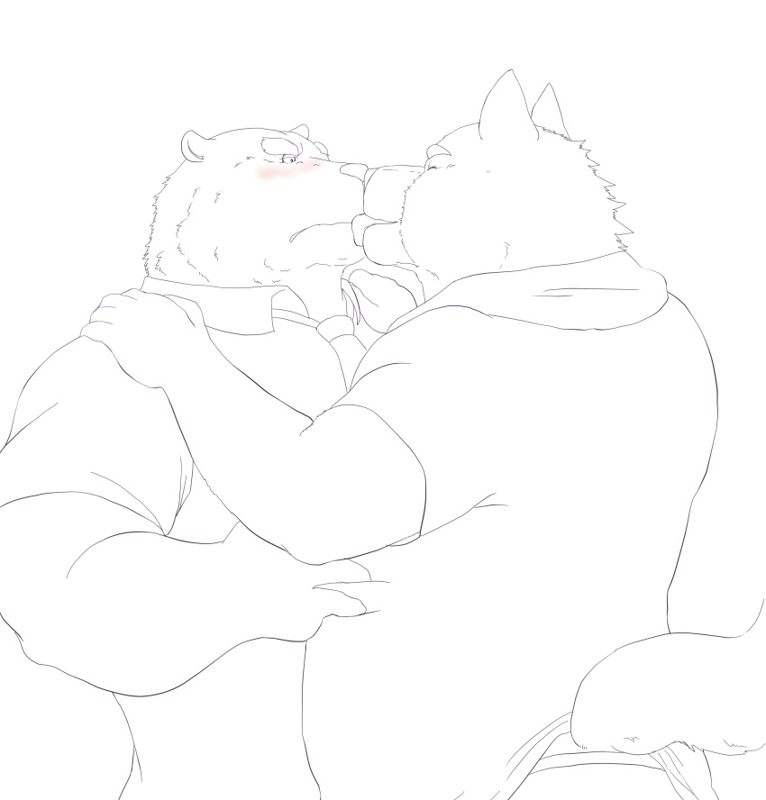 2011 5_fingers anthro bear blush canine clothed clothing dog duo eyes_closed fully_clothed kissing line_art male mammal necktie side_view simple_background slightly_chubby standing tongue tongue_out urakumaworld white_background