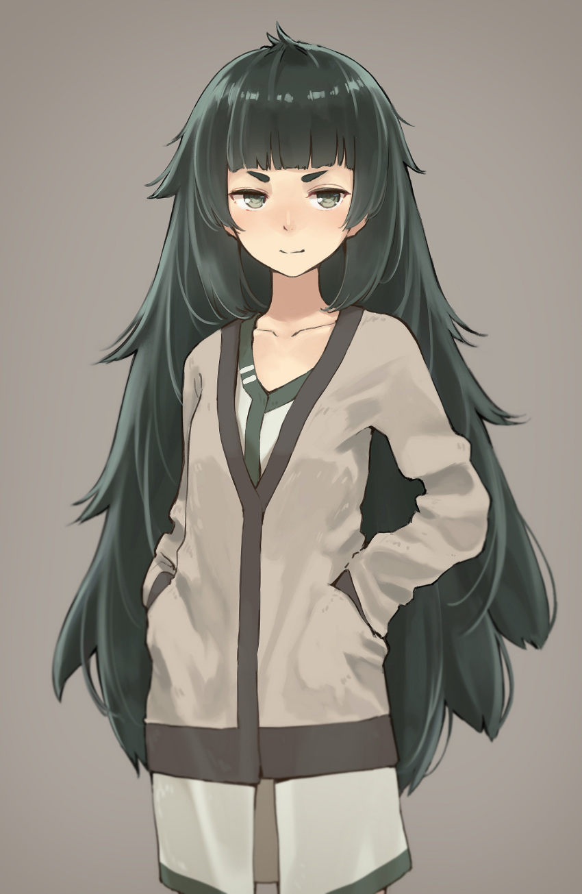 absurdres bangs blunt_bangs collarbone cowboy_shot dress flat_chest green_eyes green_hair grey_background hands_in_pockets highres hiyajou_maho jacket long_hair looking_at_viewer minamito simple_background solo steins;gate steins;gate_0 thick_eyebrows