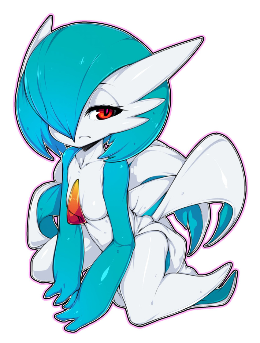 alternate_color bad_id bad_twitter_id blue_hair breasts collarbone commentary english_commentary full_body gardevoir gen_3_pokemon hair_over_one_eye half-closed_eyes highres looking_away looking_to_the_side navel no_humans no_nipples outline pokemon pokemon_(creature) red_eyes shiny shiny_pokemon shiny_skin short_hair simple_background sitting slugbox small_breasts solo wariza white_background