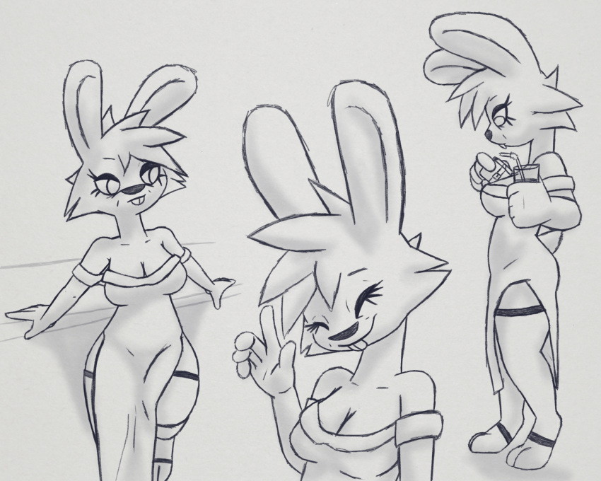 alcohol anthro beverage big_breasts breasts cleavage clothed clothing dress eyeshadow female knullox lagomorph legwear long_dress makeup mammal mature_(disambiguation) mature_female model_sheet rabbit smile solo standing stockings straw valerie_floplock wallet