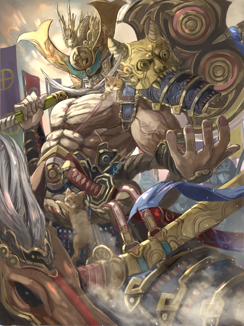 abs animal animal_on_shoulder axe bad_anatomy battle_axe battle_standard beard brown_eyes cat cat_on_shoulder facial_hair grey_hair headpiece highres horseback_riding katana male_focus mustache original outdoors over_shoulder riding sheath shirtless shoulder_armor sword uutan_(shibainu_kakumei) veins weapon