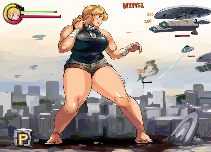 1girl alien_invasion bakugeki_no_g bandage bare_shoulders barefoot black_shirt blonde_hair blue_eyes breasts building city curvy destruction fighting_pose giantess large_breasts life_bar muscle ponytail shorts solo spaceship standing street thick_thighs video_game wide_hips zipper