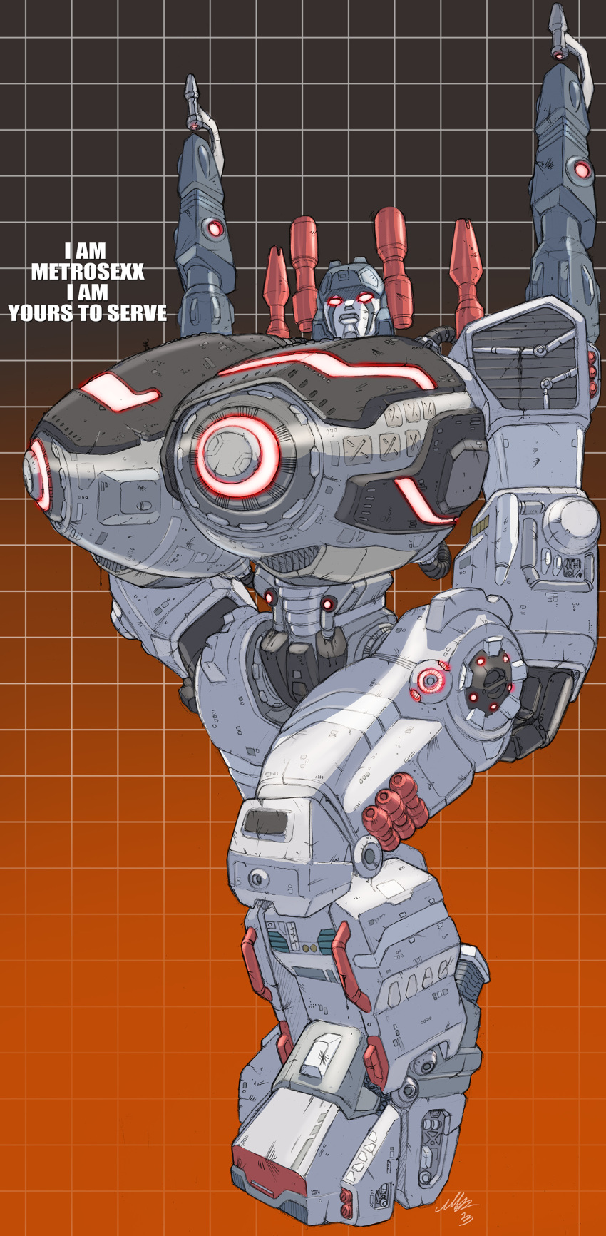 autobot big_breasts breasts digital_media_(artwork) english_text female gideon hi_res huge_breasts humanoid hyper hyper_breasts looking_at_viewer machine metroplex nipples not_furry red_eyes robot simple_background solo text transformers weapon