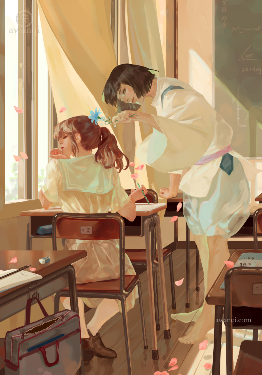 1girl absurdres artist_name awanqi bag barefoot black_hair blue_flower book brown_footwear brown_hair chalkboard classroom closed_eyes curtains desk eraser facing_to_the_side flower haku_(sen_to_chihiro_no_kamikakushi) highres indoors looking_at_another mechanical_pencil ogino_chihiro older pencil pencil_case petals ponytail school_bag school_desk school_uniform see-through sen_to_chihiro_no_kamikakushi serafuku shoes skirt transparent watermark web_address white_skirt window wooden_floor