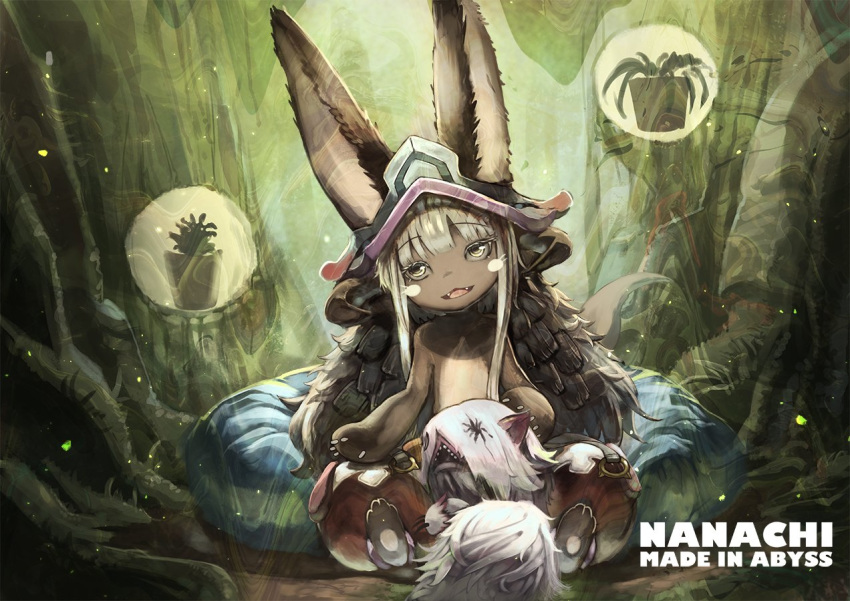 2girls artist_request brown_eyes forest furry long_hair made_in_abyss mitty multiple_girls nanachi_(made_in_abyss) open_mouth rabbit white_hair