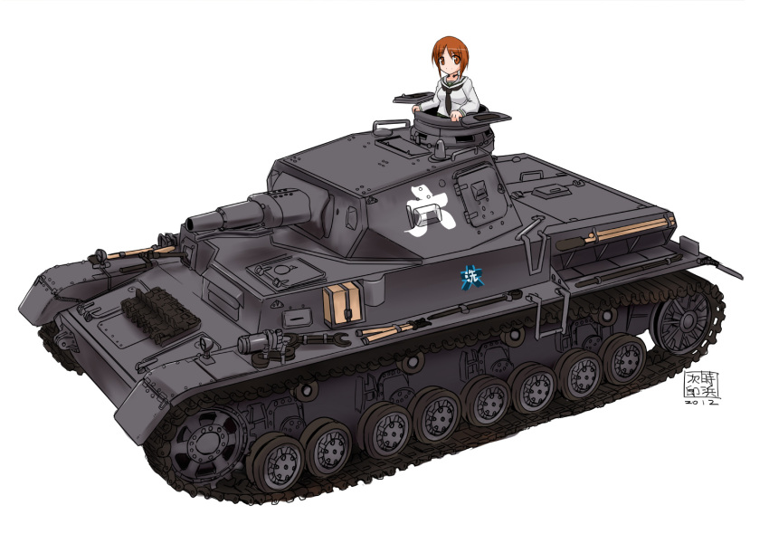 brown_eyes brown_hair commentary_request emblem girls_und_panzer ground_vehicle highres military military_vehicle motor_vehicle nishizumi_miho ooarai_(emblem) ooarai_school_uniform panzerkampfwagen_iv short_hair smile tank tokihama_jirou tools white_background