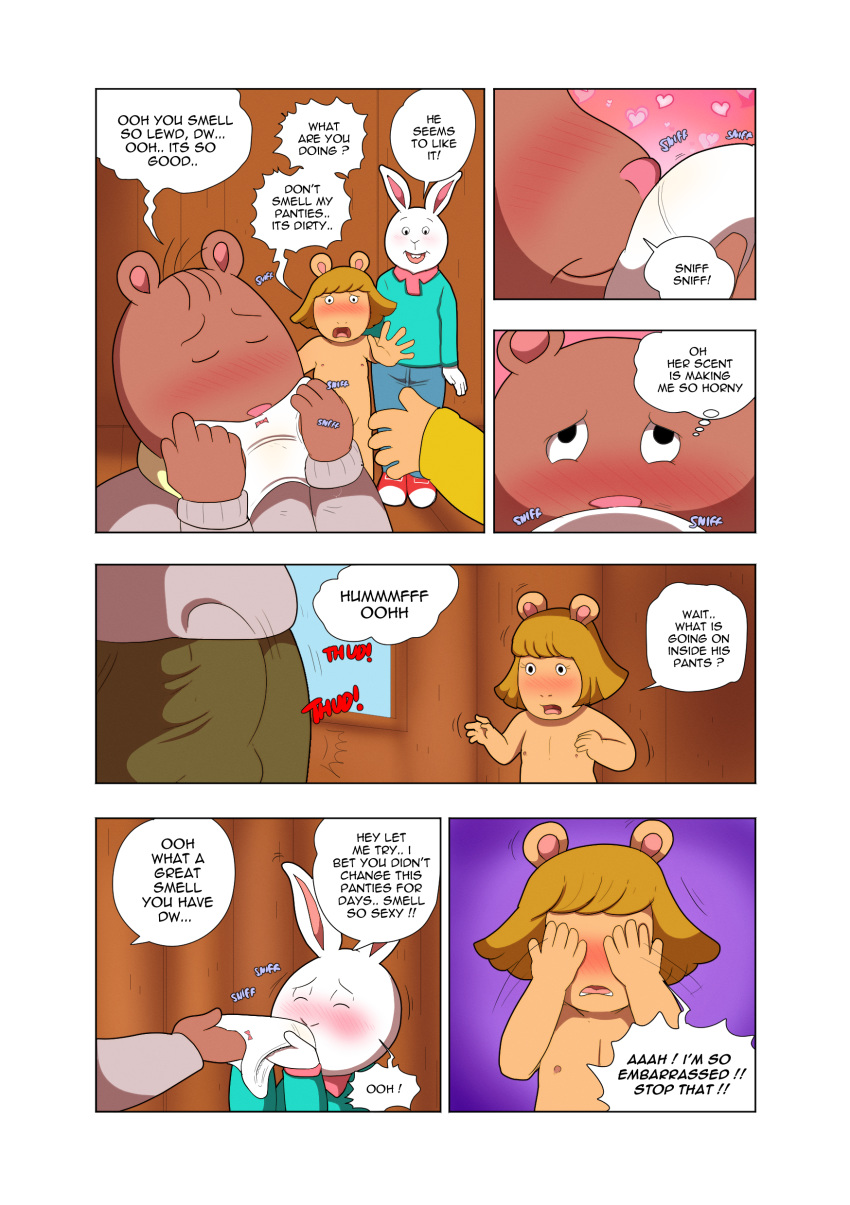 5_fingers aardvark alan_powers arthur_(series) bear blush bulge buster_baxter clothing comic covering_face cub d.w._reed embarrassed erection eyes_closed female hair lagomorph launny male mammal nipples nude rabbit short_hair sniffing text underwear young