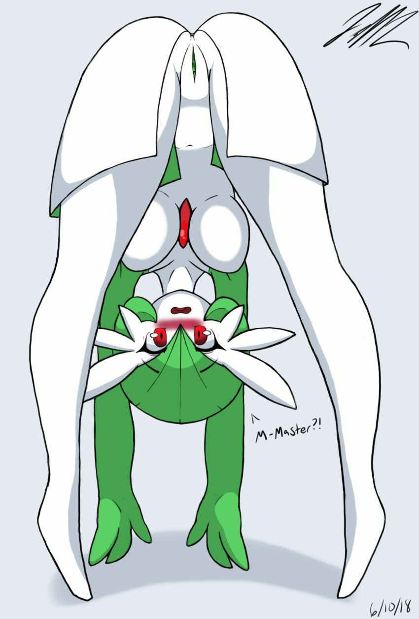 2018 anus ass_up bent_over bottomless breasts clothed clothing dialogue dress embarrassed featureless_breasts female gardevoir hair jeffthehusky navel nintendo open_mouth pok&eacute;mon pok&eacute;mon_(species) pussy red_eyes short_hair spike_(disambiguation) standing surprise text tongue video_games