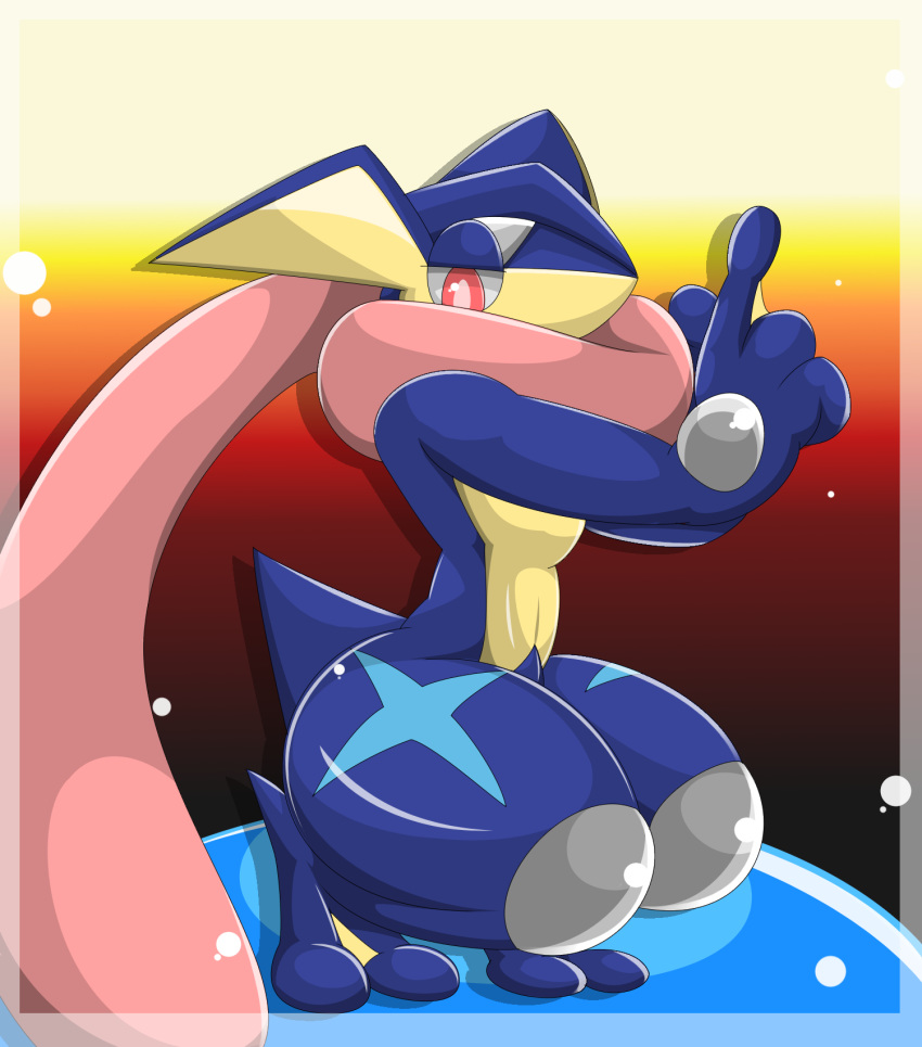 2015 ambiguous_gender gradient_background greninja nintendo pok&eacute;mon pok&eacute;mon_(species) red_background simple_background solo type video_games yellow_background