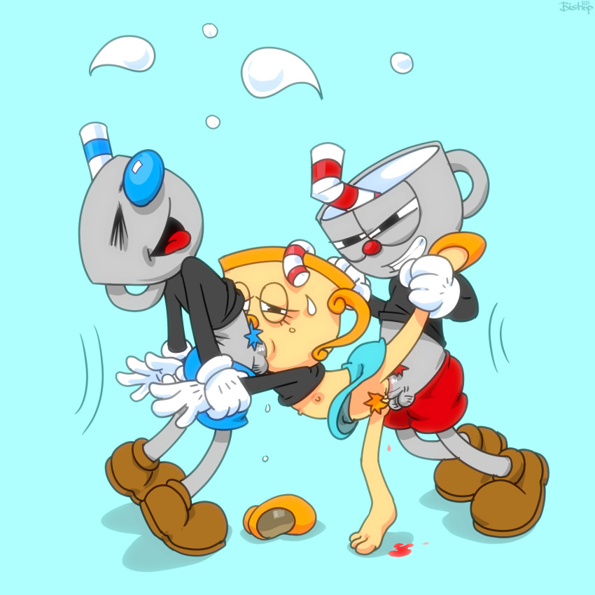 2018 animate_inanimate bishopbb blood breasts clothing cuphead_(character) cuphead_(game) digital_media_(artwork) double_penetration eyes_closed female flat_chested forced gloves group hi_res humanoid male male/female ms._chalice mugman nipples not_furry object_head open_mouth oral penetration pubes pussy raised_leg raised_shirt rape simple_background vaginal video_games