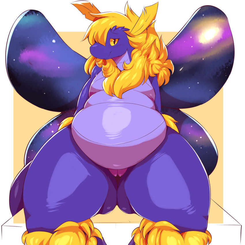 2018 antennae anthro arthropod belly big_belly blush breasts claws digital_media_(artwork) featureless_breasts female fluffy fur hi_res hybrid insect kobold moth mothbold nude overweight purple_body purple_scales pussy scales scalie shaded smile solo stardust_(zephyr) trinityfate62 wings yellow_eyes yellow_fur