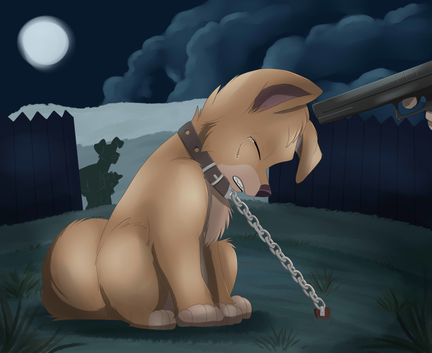 alternative_ending angel angel_(lady_and_the_tramp) blue_eyes canine chain collar crying curled_tail cute dark disney dog euthanize female feral floppy_ear gun hi_res lady_and_the_tramp mammal pomeranian ranged_weapon sad tears teeth weapon xxgato