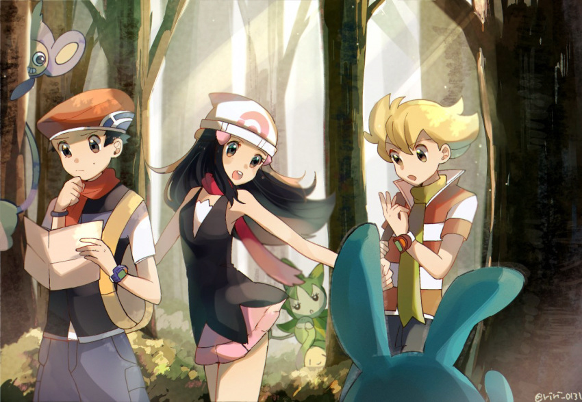 2boys aipom azumarill backpack bag bangs black_hair black_pants blonde_hair blue_pants bracelet brown_eyes day eyes floating_hair forest hair_between_eyes hat hikari_(pokemon) holding jewelry jun_(pokemon) kouki_(pokemon) long_hair looking_back miniskirt multiple_boys nature open_mouth outdoors pants pink_skirt pokemon pokemon_(game) pokemon_dppt red_hat red_scarf ririmon roselia scarf shirt short_sleeves signature skirt sleeveless sleeveless_shirt striped striped_shirt sweatdrop tree white_hat