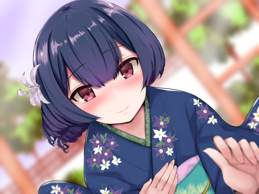 blue_hair blue_kimono blush closed_mouth commentary floral_print flower furisode hair_flower hair_ornament highres idolmaster idolmaster_shiny_colors japanese_clothes kimono long_sleeves looking_at_viewer morino_rinze obi outdoors red_eyes rocha_(aloha_ro_cha) sash short_hair smile solo