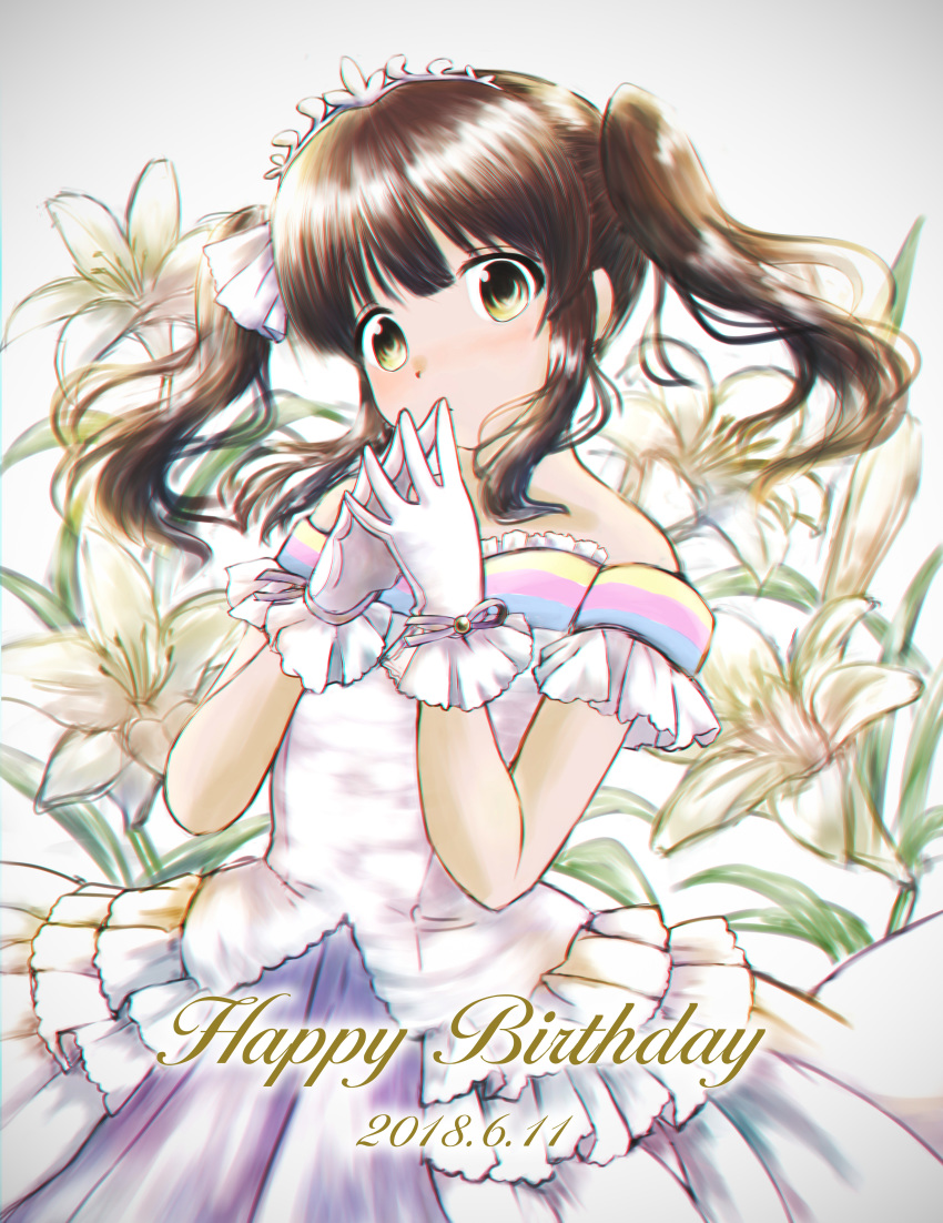 absurdres bare_shoulders blush brown_eyes brown_hair chromatic_aberration commentary dated detached_sleeves dress flower gloves happy_birthday highres idolmaster idolmaster_cinderella_girls lily_(flower) long_hair looking_at_viewer ogata_chieri own_hands_together ribbon simple_background solo steepled_fingers tiara twintails urota_shimapann white_dress white_gloves wrist_ribbon