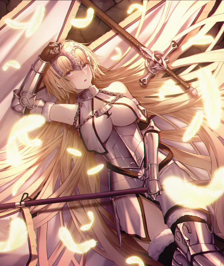 absurdly_long_hair arm_up armor armored_boots armored_dress bangs banner black_legwear blonde_hair blunt_bangs boots breasts breasts_apart brown_eyes cecil86 dress eyebrows_visible_through_hair fate/apocrypha fate_(series) feathers from_above fur_trim gauntlets highres holding holding_weapon jeanne_d'arc_(fate) jeanne_d'arc_(fate)_(all) large_breasts long_hair looking_at_viewer lying on_back open_mouth smile solo sword thigh_boots thighhighs very_long_hair weapon white_dress