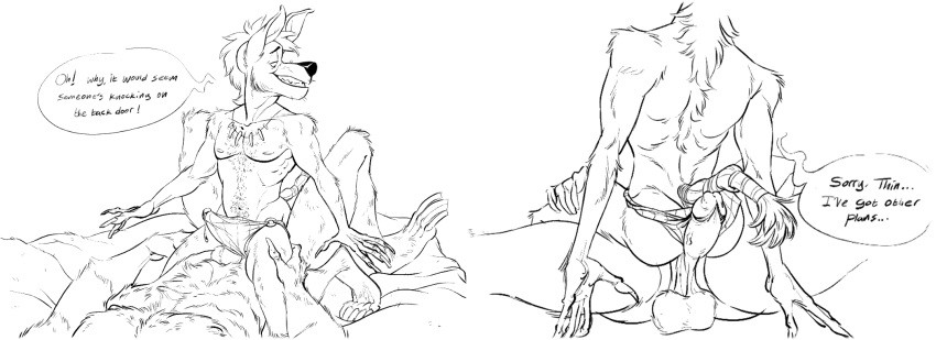 2018 5_fingers anthro anthro_on_anthro balls black_nose body_hair chest_hair clothed clothing cowgirl_position duo english_text erection glans hand_on_leg hot_dogging humanoid_penis hyena male male/male mammal mostly_nude muscular muscular_male navel neckalce nipples nude on_top pecs penis sex smile speech_bubble teeth tenting text topless vein veiny_penis zepthehyerian
