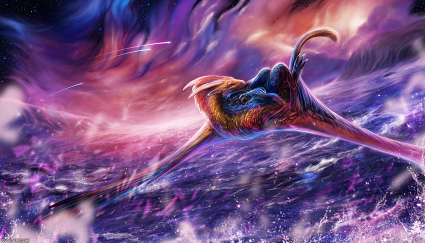 2018 claws detailed_background digital_media_(artwork) dragon female feral flying horn isvoc membranous_wings night outside scalie sky solo star starry_sky water western_dragon wings
