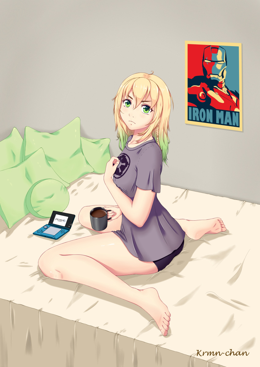 absurdres artist_name ass bangs bare_arms bare_legs barefoot bed black_panties blonde_hair braid closed_mouth coffee coffee_mug cup eyebrows_visible_through_hair feet fire_emblem fire_emblem:_kakusei full_body galactic_empire green_eyes green_hair grey_shirt hair_between_eyes handheld_game_console highres holding iron_man krmn-chan legs looking_at_viewer mug nintendo_3ds original panties pillow shirt short_hair simple_background sitting soles solo toes underwear wariza