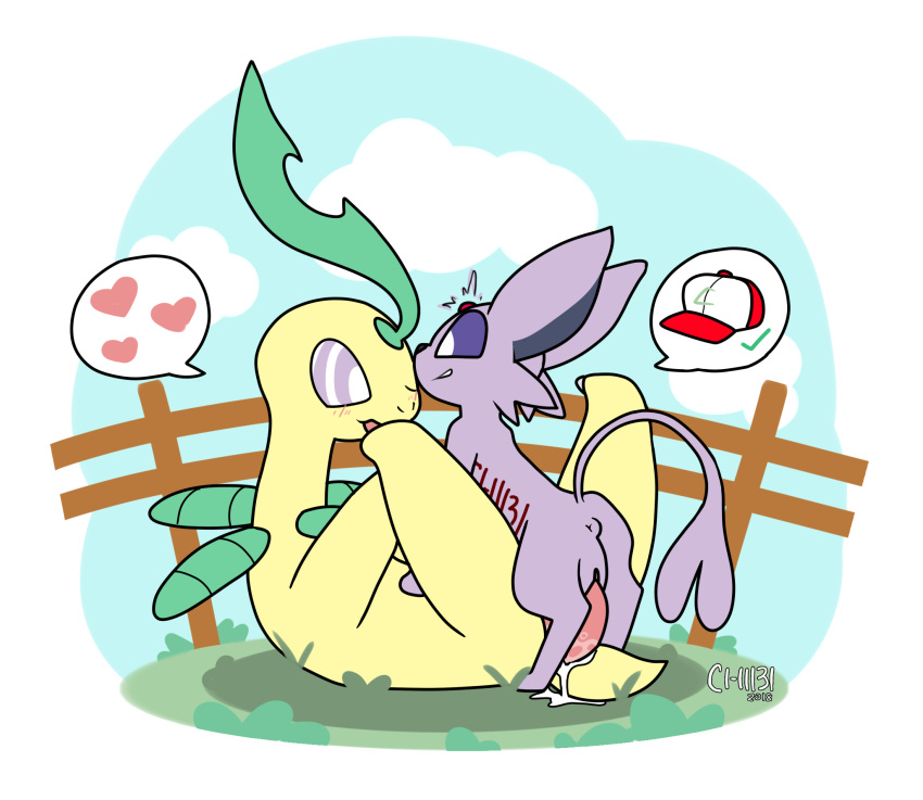 2018 anal anal_penetration animal_genitalia animal_penis bayleef blush c1-11131 chibi_(c1-11131) cum cum_in_pussy cum_inside digital_drawing_(artwork) digital_media_(artwork) duo eeveelution erection espeon female feral fur grass hemipenes hypnosis male male/female mind_control multi_penis nintendo open_mouth penetration penis pok&eacute;mon pok&eacute;mon_(species) sex simple_background smile speech_bubble spiral_eyes vaginal vaginal_penetration video_games